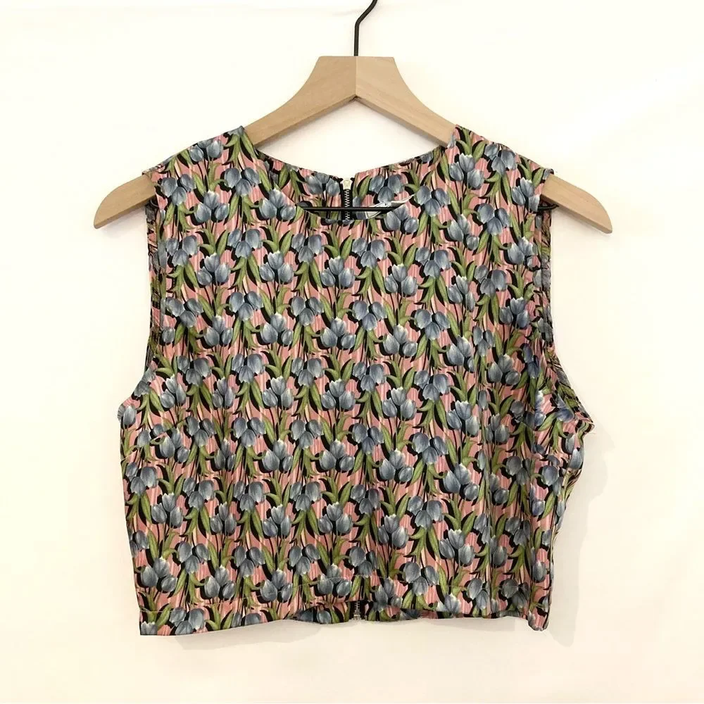 Senlis Cropped Floral Sleeveless Top Large NWOT Pink Blue Tulips Zipper Back